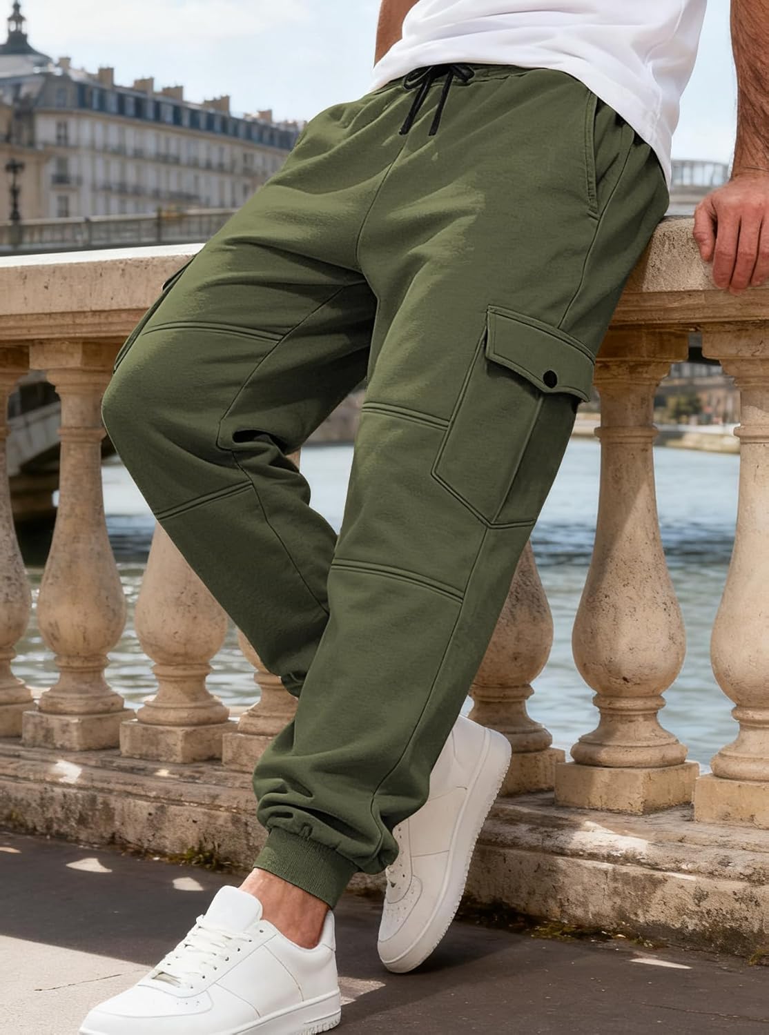Men's Casual Cargo Sweatpants Fleece Lined Workout Joggers Athletic Drawstring Pants with Multi Pockets - Image 5
