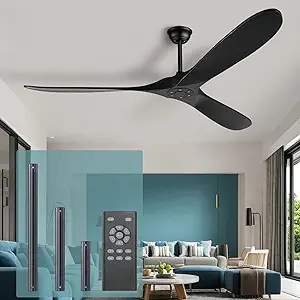 Black Modern 52 Inch Large Ceiling Fan with Remote, Industrial Outdoor Wood 3 Blade High CFM Wet Rated Ceiling Fans for Patios Porch Gazebo - Propeller Ceiling Fan for Indoor Living Room Bedroom