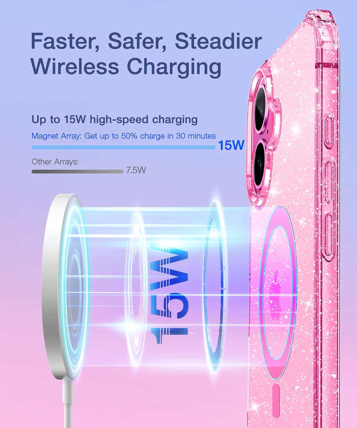 BERFY Magnetic for iPhone 16 Case, [Compatible with Magsafe], with Screen Protector + Camera Lens Protector, [Non-Yellowing] Clear Sparkly Shockproof Hard Phone Case for Women 6.1", Hot Pink - Image 7