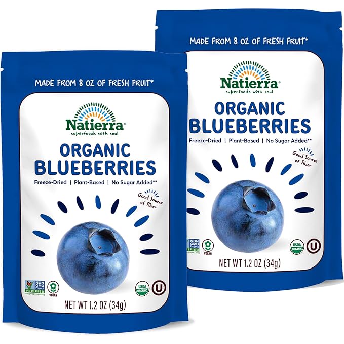 NATIERRA Organic Freeze-Dried Blueberries | Non-GMO &amp; Vegan Blueberry | 1.2 Ounce (Pack of 2)