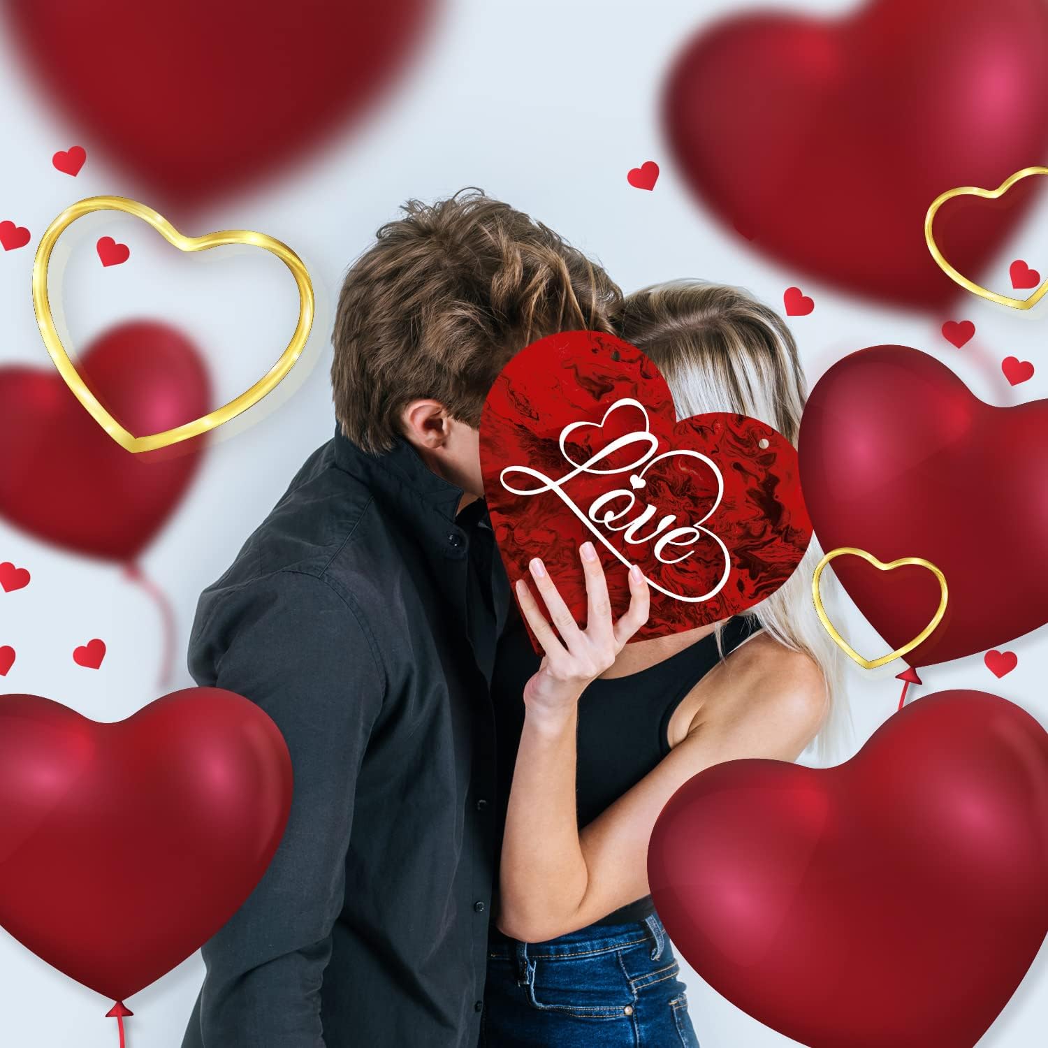 Valentines Day Decor Happy Valentine's Day Red Flower Background, 15 Inch Aluminum Heart Shaped Door Sign With Red Satin Ribbon by Soul Décor