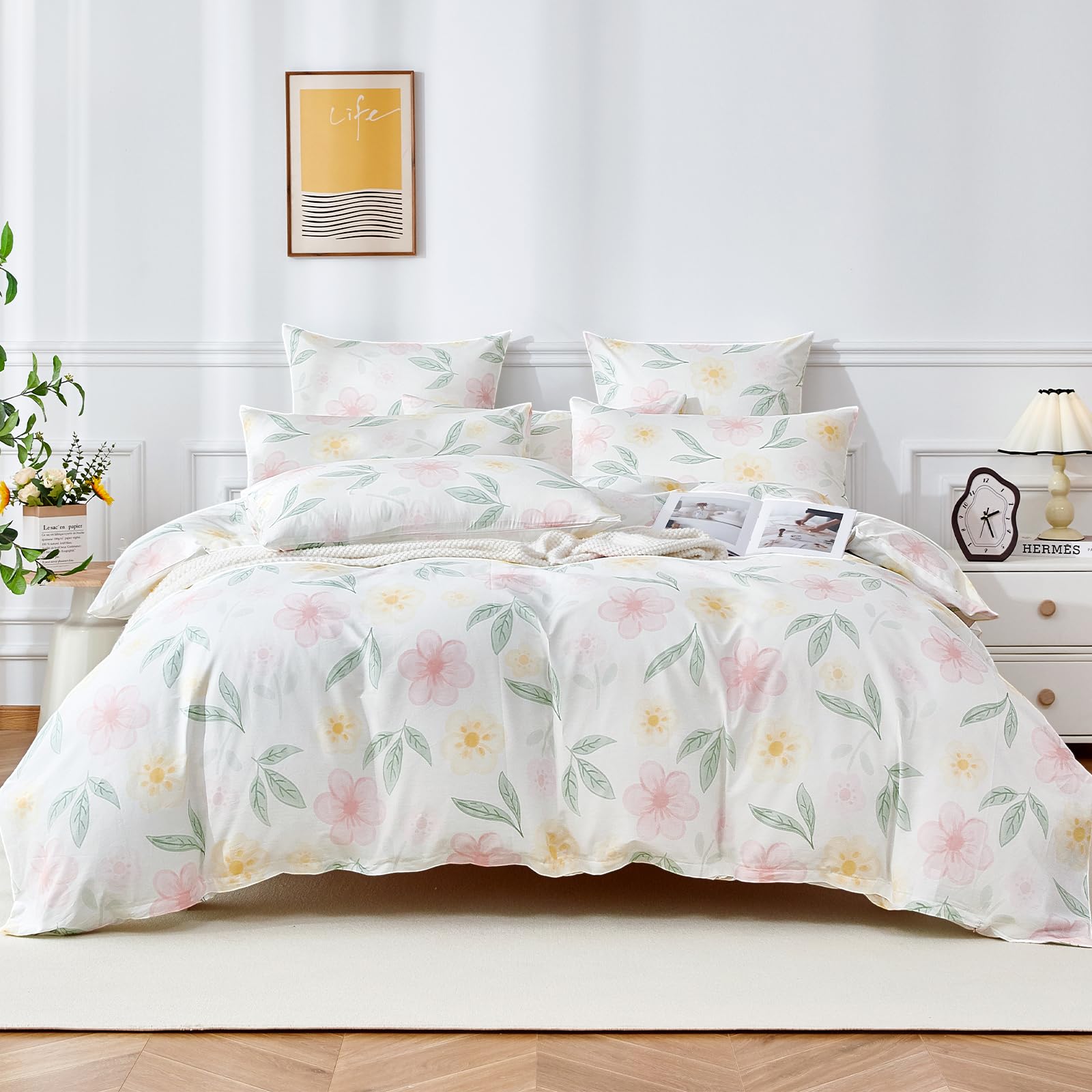 Blumen Muster Bettwäsche 135x200 Baumwolle Rosa Gelb Blumenmuster Baumwolle weich kuschelig atmungsaktiv 2 teilig für Mädchen mit Reißverschluss und Kissenbezug 80x80 cm