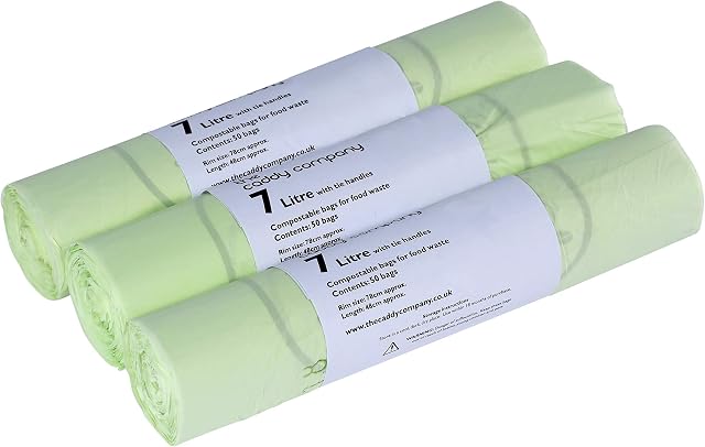 7L x 150 Tie Handle Compostable Kitchen Caddy Liners - Food Waste Bin Liners - EN 13432 - 7 litre Bags