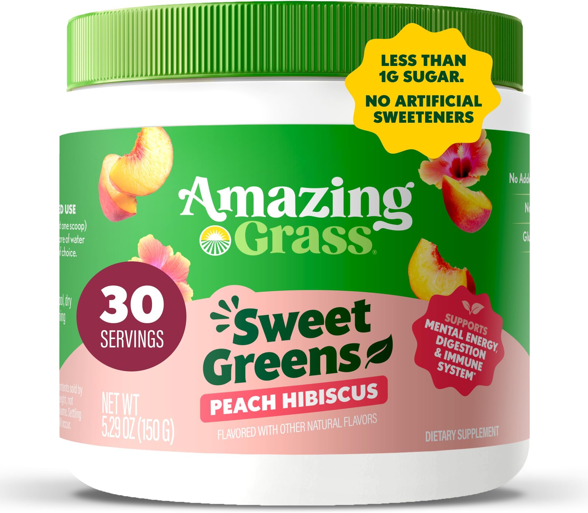 Amazing Grass Sweet Greens and Superfoods Powder for Digestive Health, Greens Powder, Digestive Enzymes, Probiotics, Spirulina, Chlorella, Peach Hibiscus, 30 Servings