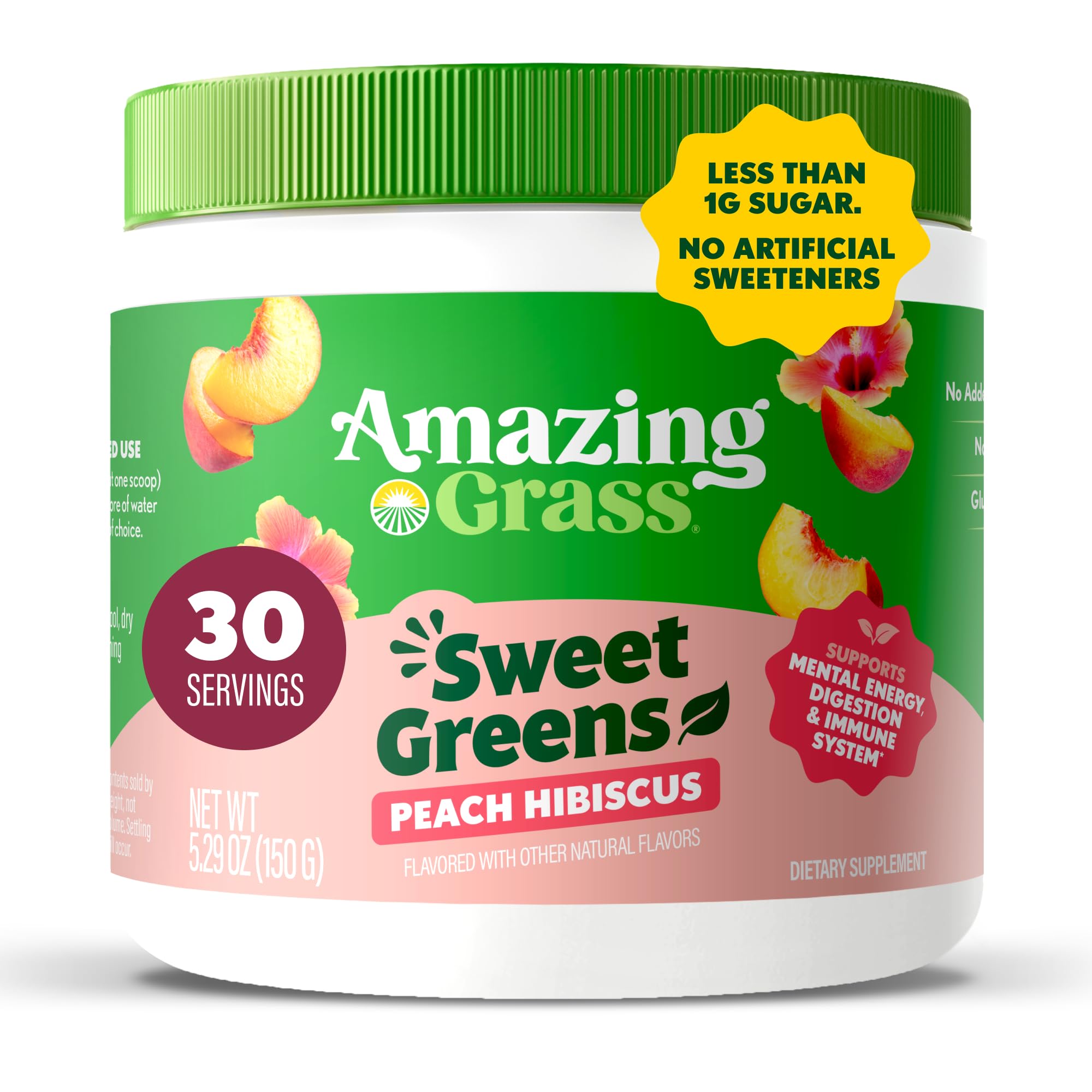 Amazing Grass Sweet Greens and Superfoods Powder for Digestive Health, Greens Powder, Digestive Enzymes, Probiotics, Spirulina, Chlorella, Peach Hibiscus, 30 Servings