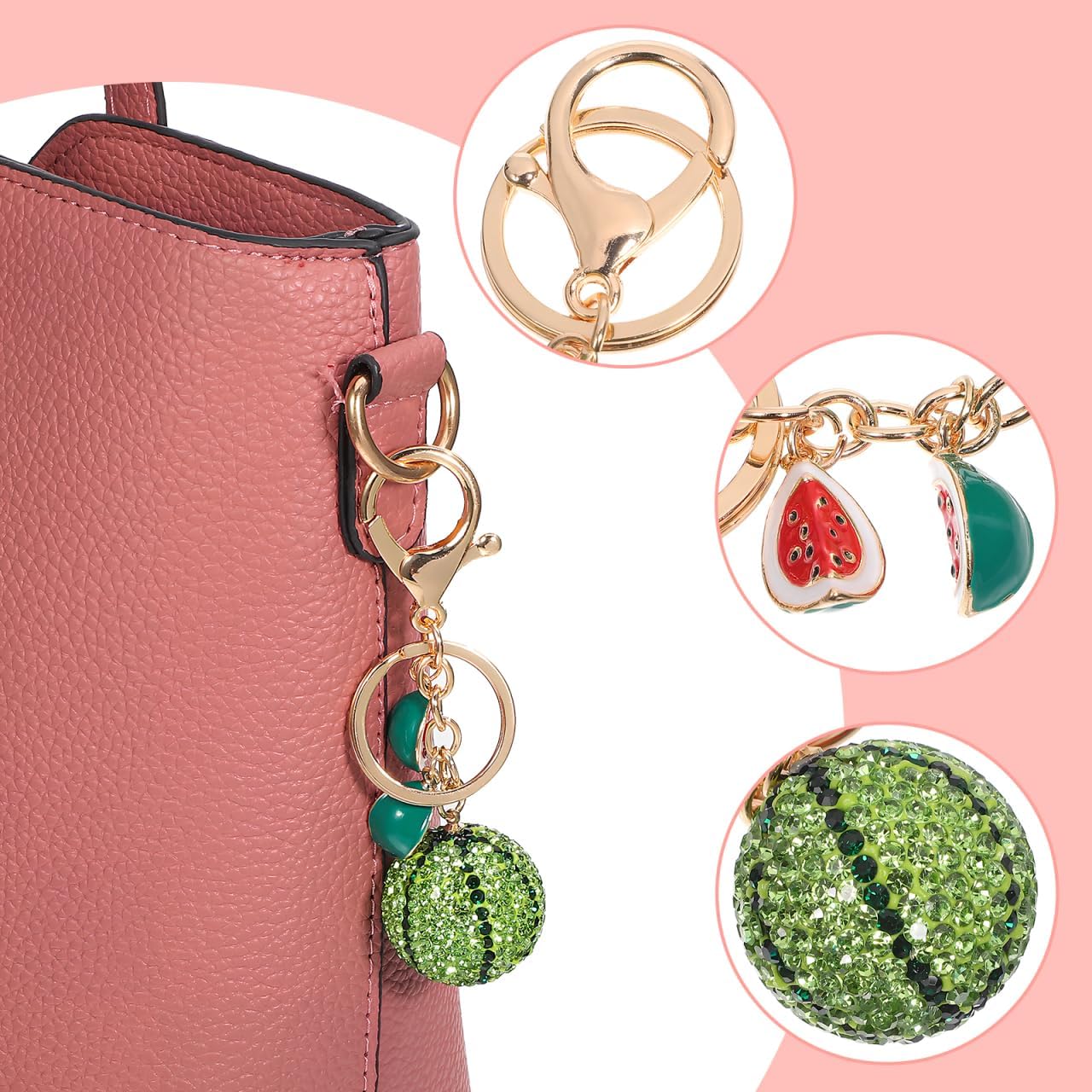 Rhinestone Watermelon Keychain Cute Sparkling Fruit Watermelon Bag Charms Car Keyring Crystal Pendant Keychains Accessories for Purse Backpack - Image 3