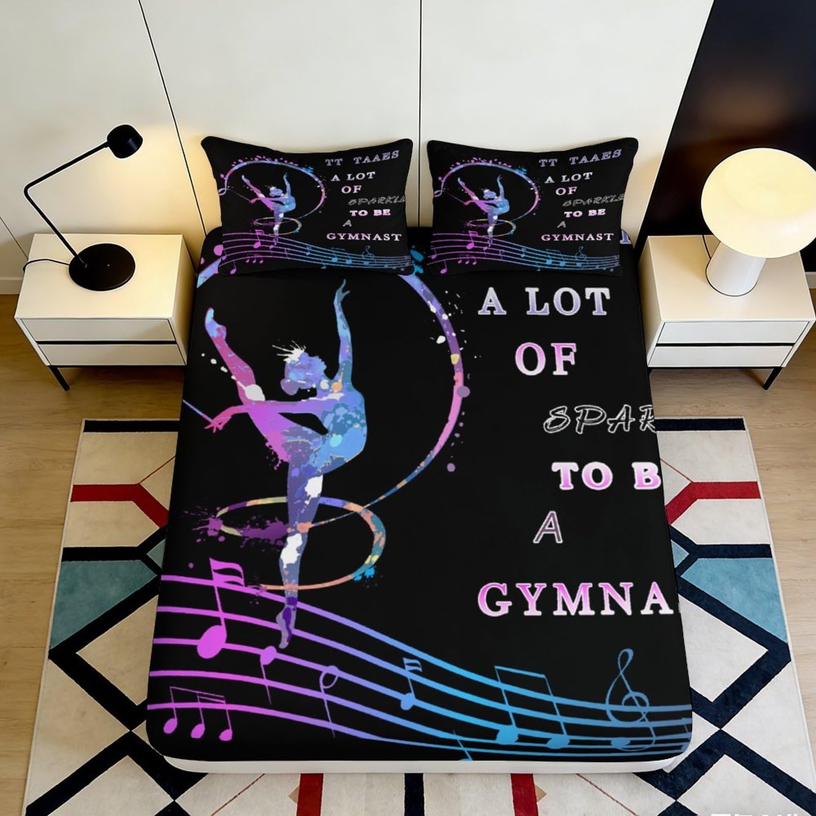 3D Printed Gymnast Silhouette Fitted Sheet Microfiber Black Music Notes Bed Cover for Bedroom Dorm Mattress Decor 140x200x25cm