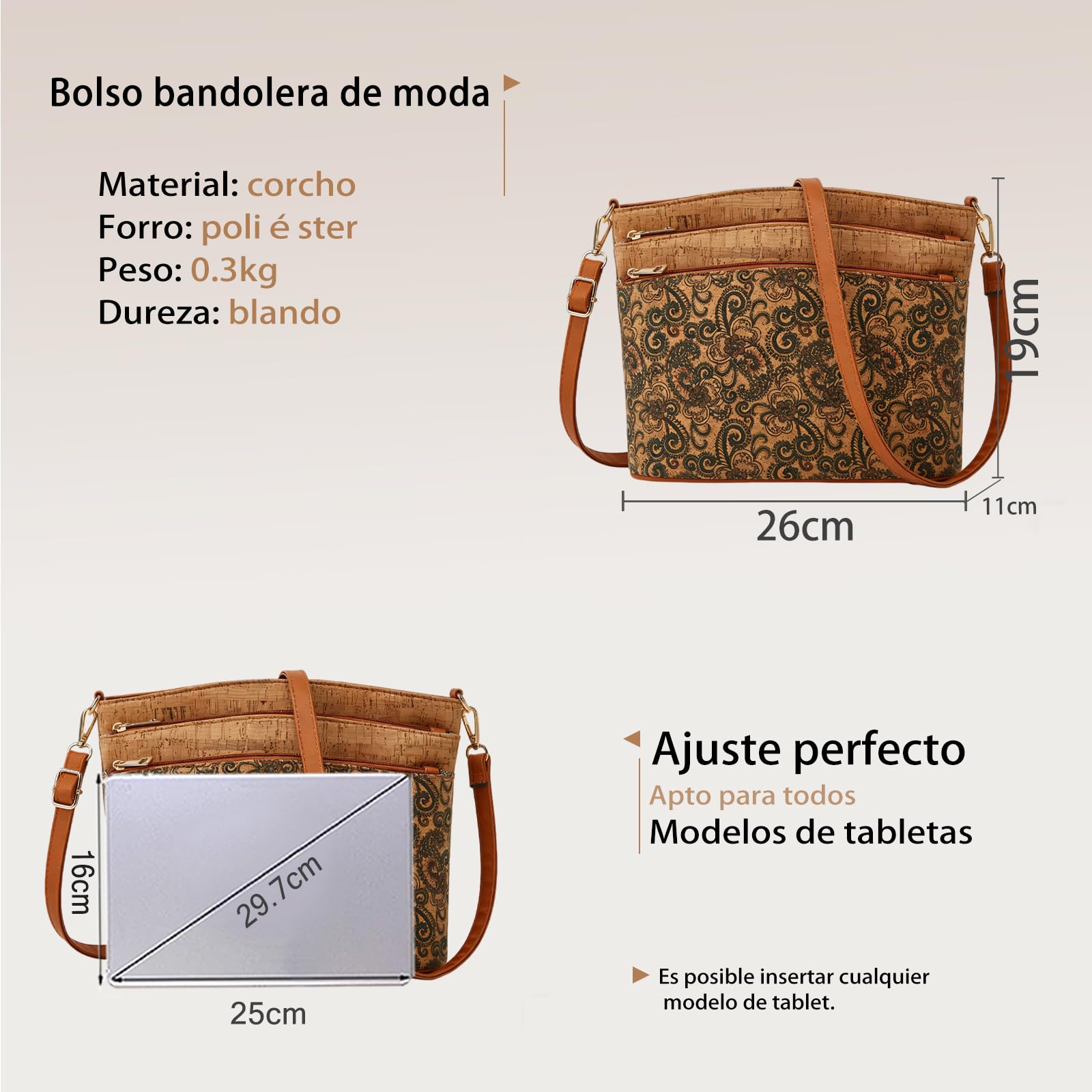 CORIOS Estilo Boho Bolsos de Hombro Bandolera para Mujer Bolso Cruzados de Corcho Natural Bolso de Mano con Estampado Étnico Retro Trabajo Compras Citas Viajes Tote
