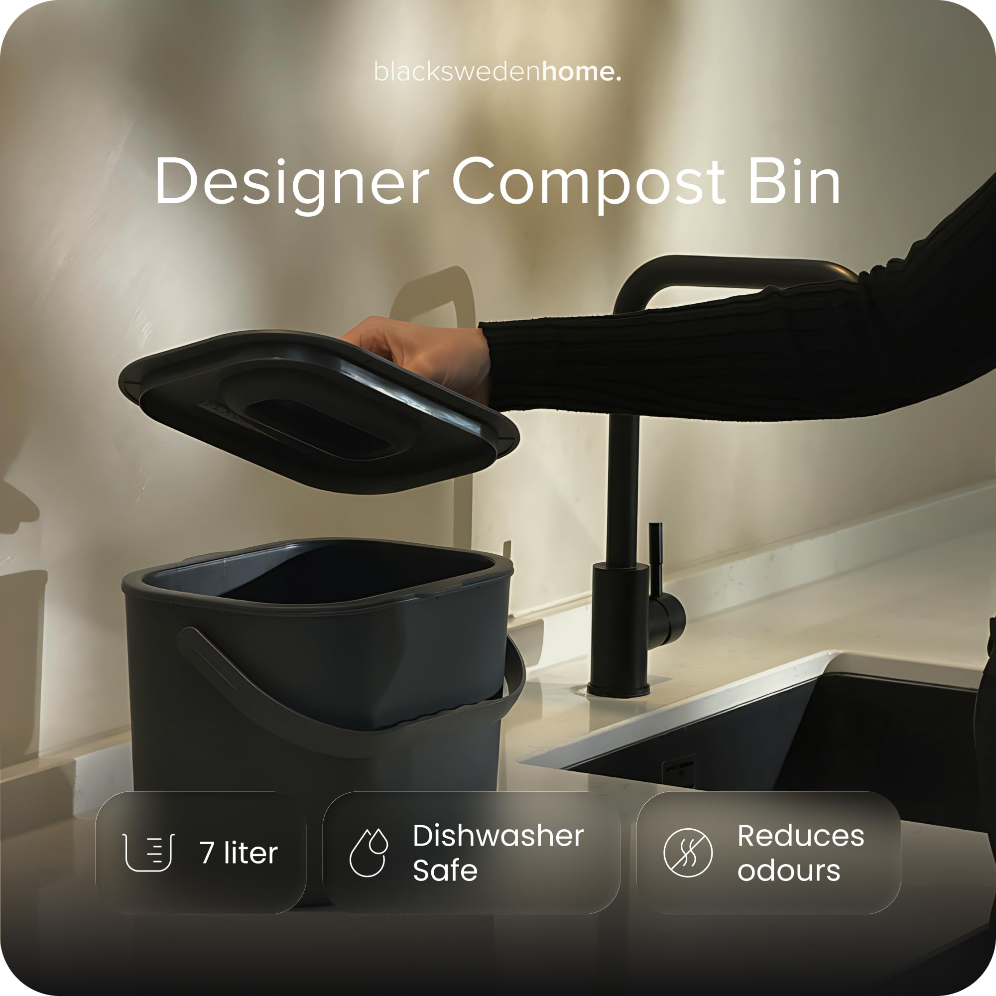 blackswedenhome. Kosz na odpady organiczne do kuchni, 7 l, designerski kosz na kompost z sitkiem, ekologiczny kosz na śmieci, odporny na zapachy, kosz na odpady ekologiczne, kosz na śmieci z pokrywką