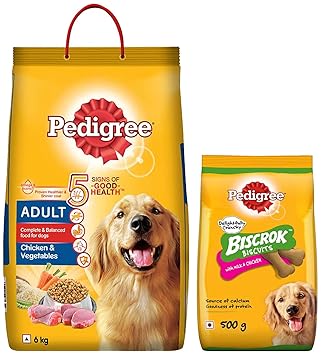 Pedigree Adult Dry Dog Food , Chicken & Vegetables, 6kg Pack & Pedigree Biscrok Biscuits Dog Treat (Above 4 Months), Milk and Chicken Flavor, 500g Pack