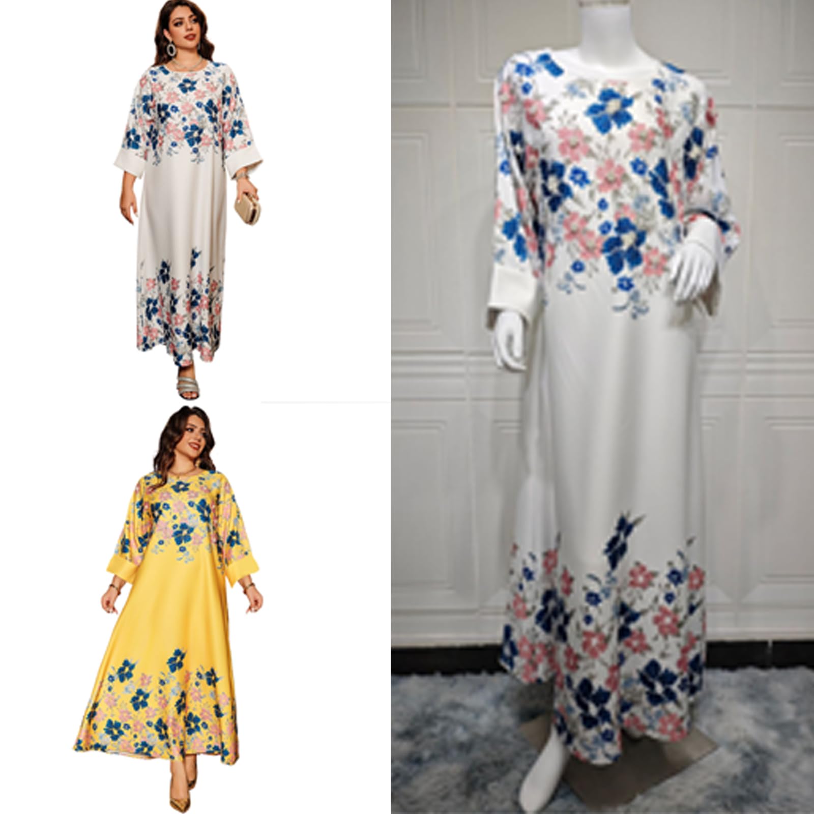 Vestido de caftán para mujer, vestido de túnica de Oriente Medio, estampado de flores, vestido de oriente Medio, vestido casual diario