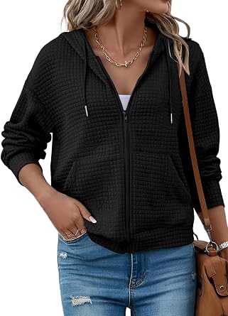 SHEWIN Womens Zip Up Hoodies Oversized Sweatshirt Fall Fashion Outfits 2026 Casual Waffle Hooded Jackets