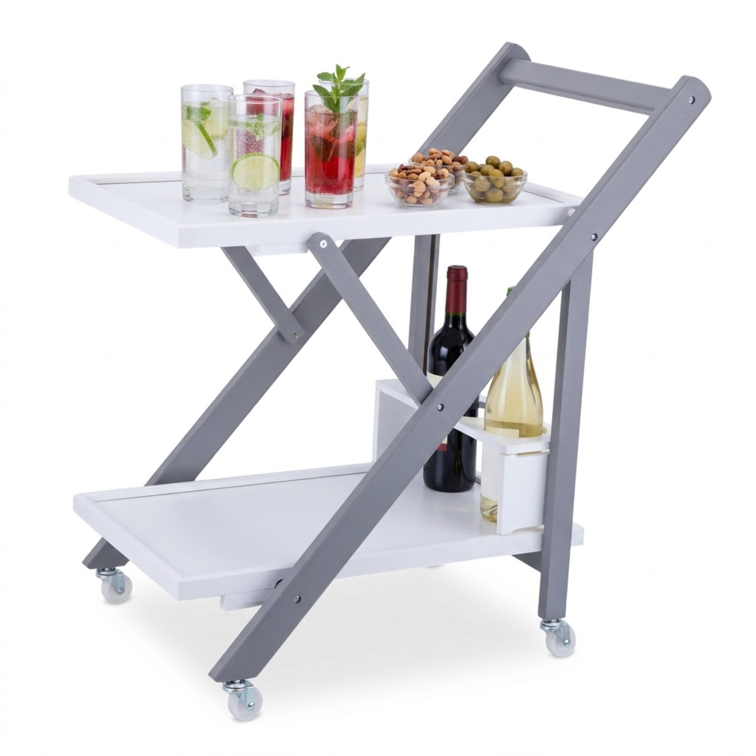 Relaxdays Carrello in bambù con portabottiglie, 2 Ripiani, 70x44x39,5 cm, Bianco-Grigio