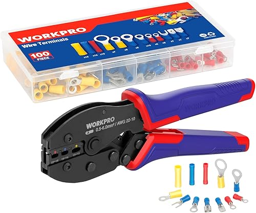WORKPRO Kit de herramientas de prensado de cables, crimpadora de terminales aislados de trinquete para cable de 22 a 10 AWG, alicates de crimpado