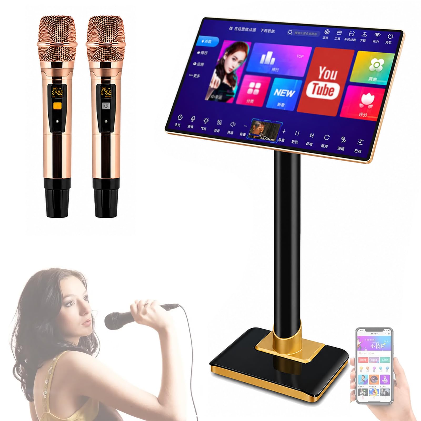 TYH Sistema Karaoke Professionale da 21,5 Pollici, Macchina Karaoke con Schermo Touch Capacitivo, con 2 Microfoni Wireless, Controllo Tramite App per Smartphone, Funzione di Amplificazione di Potenza