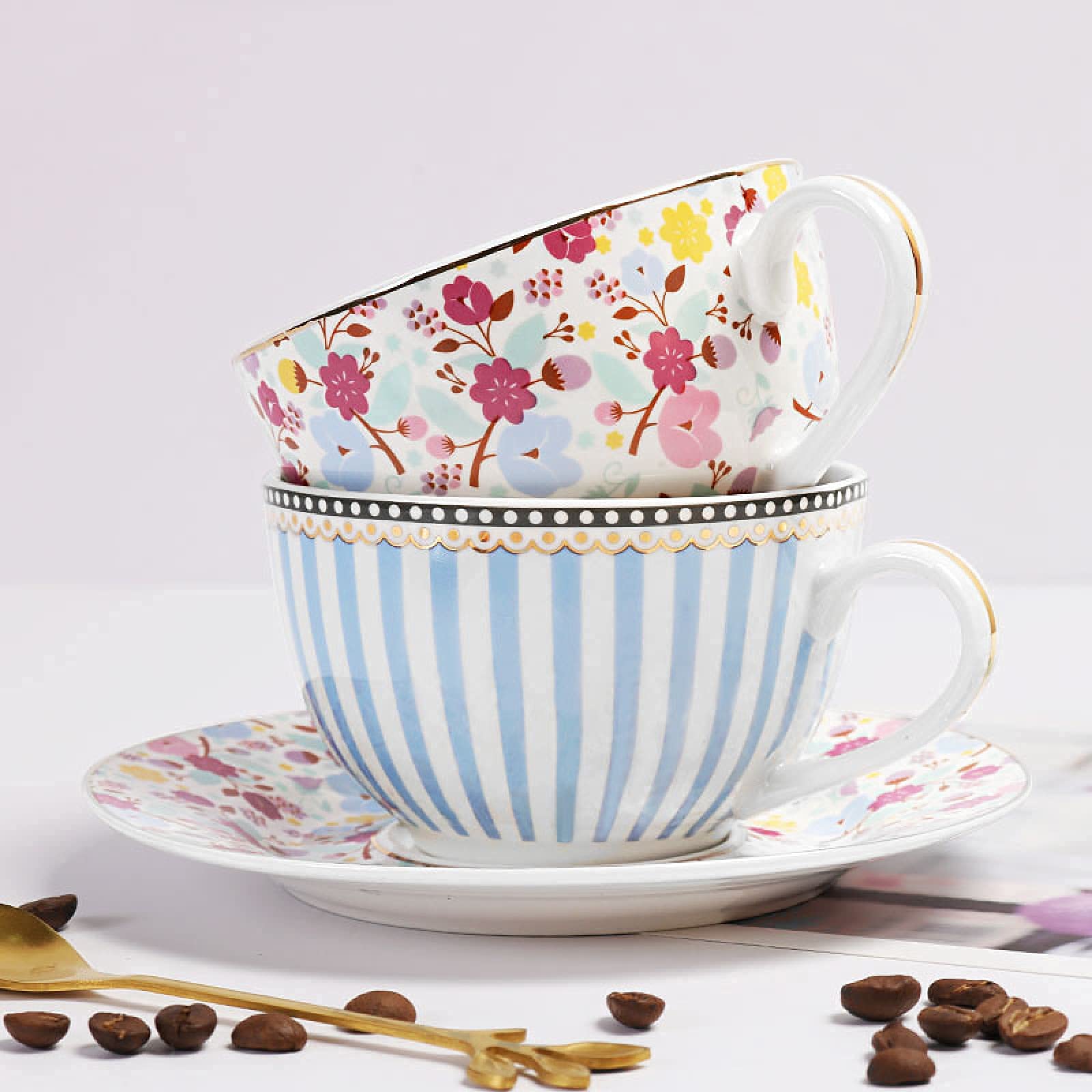 Set di tazzine da caffè in porcellana, set con piattino e tazza da caffè, set di tazze da caffè con piattino in stile corte Tazze da tè in porcellana, set da 2 for tè e caffè in ceramica floreale, for
