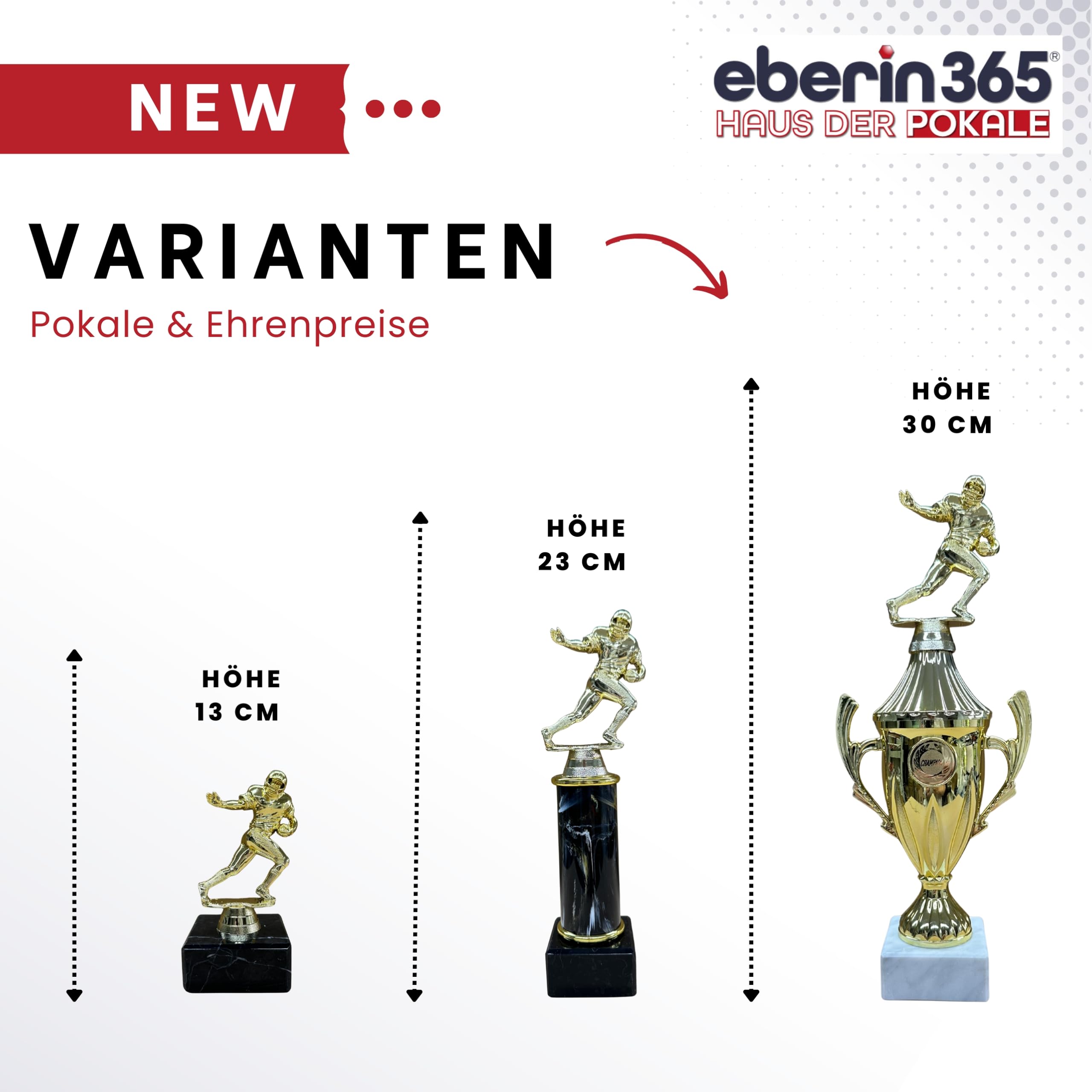 3er Set American Football Pokale in Goldoptik, mit Marmor- & Pokalsockel, inkl. Gravurschildern | ca. 13 cm, 23 cm & 30 cm hoch | ideal für Turniere, Teams & Ehrungen