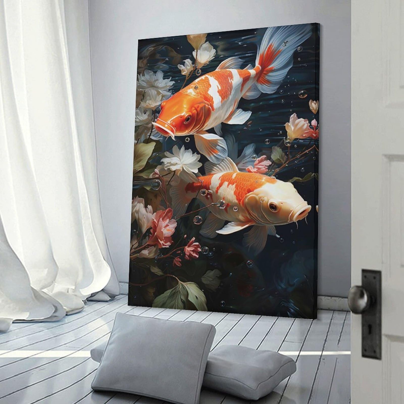 Junmoney Koi Fish And Flowers Canvas Wall Picture 20x30inch(50x75cm), for Living Room, Bedroom Or Apartment Walls, Modern Wall Decor for Cosy Interiors