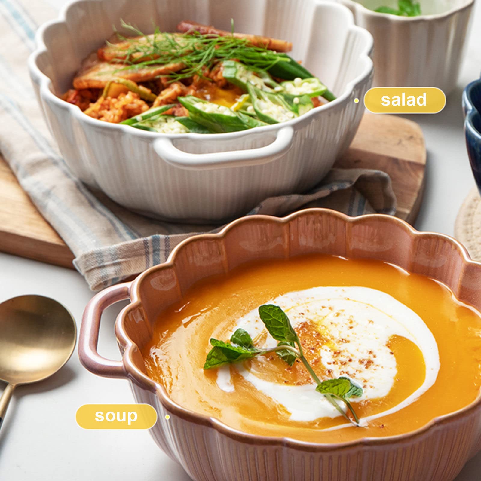 Lasagneform, runder Keramik-Auflauf mit Griff, große Ramen-Schüssel mit Griff, mikrowellen- und ofenfeste Auflaufform, Backform aus Porzellan(White,1100ml)