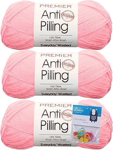 Premier Yarns Everyday - Ovillo de lana suave que no forma bolitas, 3.5 onzas, peso medio #4, paquete de 3 unidades con marcadores de puntada