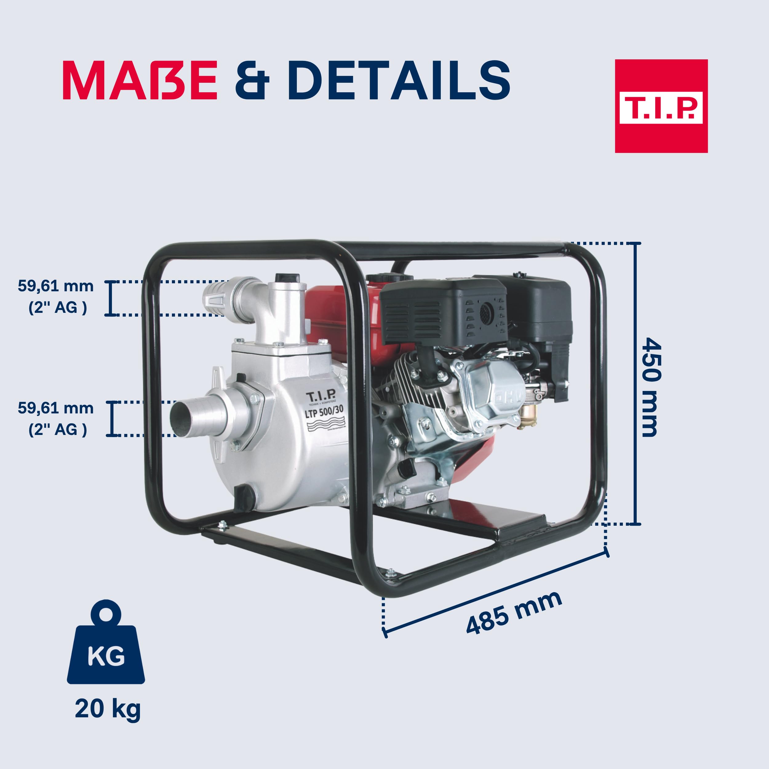 T.I.P. Benzin Wasserpumpe - Motor Gartenpumpe (30.000 l/h Fördermenge, 30 m Förderhöhe, 3,0bar Druck, max. 3,85kW (5,2PS) Leistung, Ölmangelsicherung, 4-Takt-Motor, Rückschlagklappe) LTP 500/30, 30197