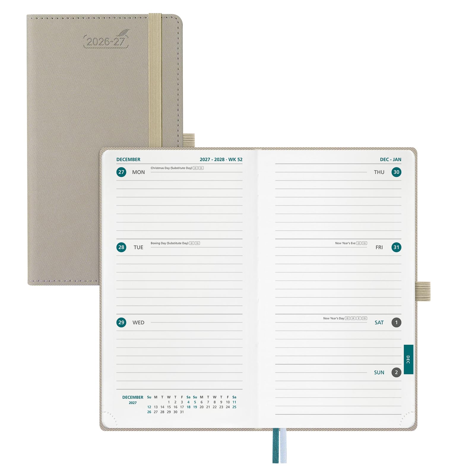 BEZEND Pocket Diary 2026-2027 Week to View (Jul'26 - Dec'27), Slim 17 x 9.5 cm. 18-Month Horizontal Weekly Planner with Pen Holder & Inner Pocket. for Work and Home. PU Leather Hardback - Gray