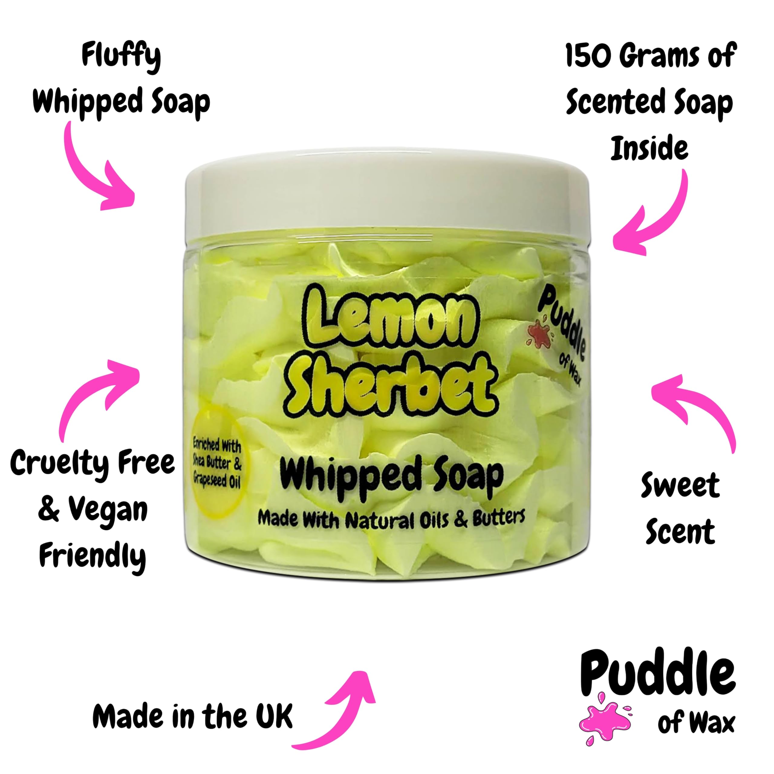 Lemon Sherbet Whipped Soap Body Wash - 150g - Natural Oils and Butters - Sweet Scent - Vegan Friendly - Puddle of Wax - Made in the UK - Image 3
