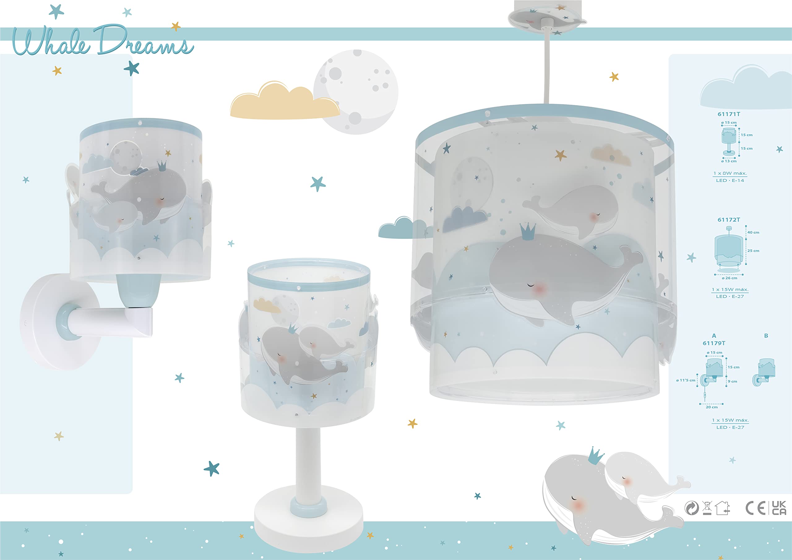 Dalber Lámpara aplique de pared infantil Ballenas Azul animales, 15W, 61179T