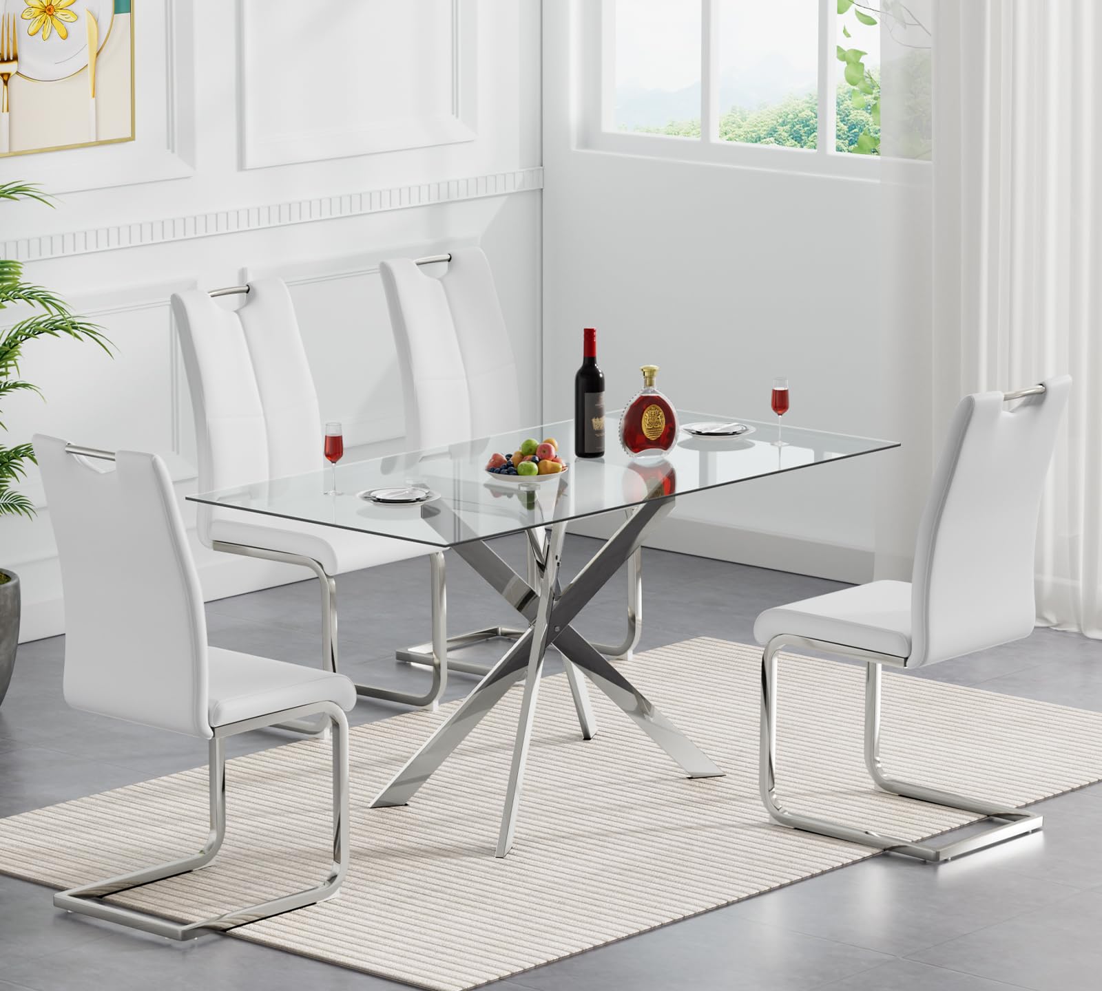 Nimaolt 5 Piece Glass Dining Table Set, Glass Kitchen Dining Room Table Set for 4, 51" Modern Rectangular Silver Glass Metal Dining Table with 4 White