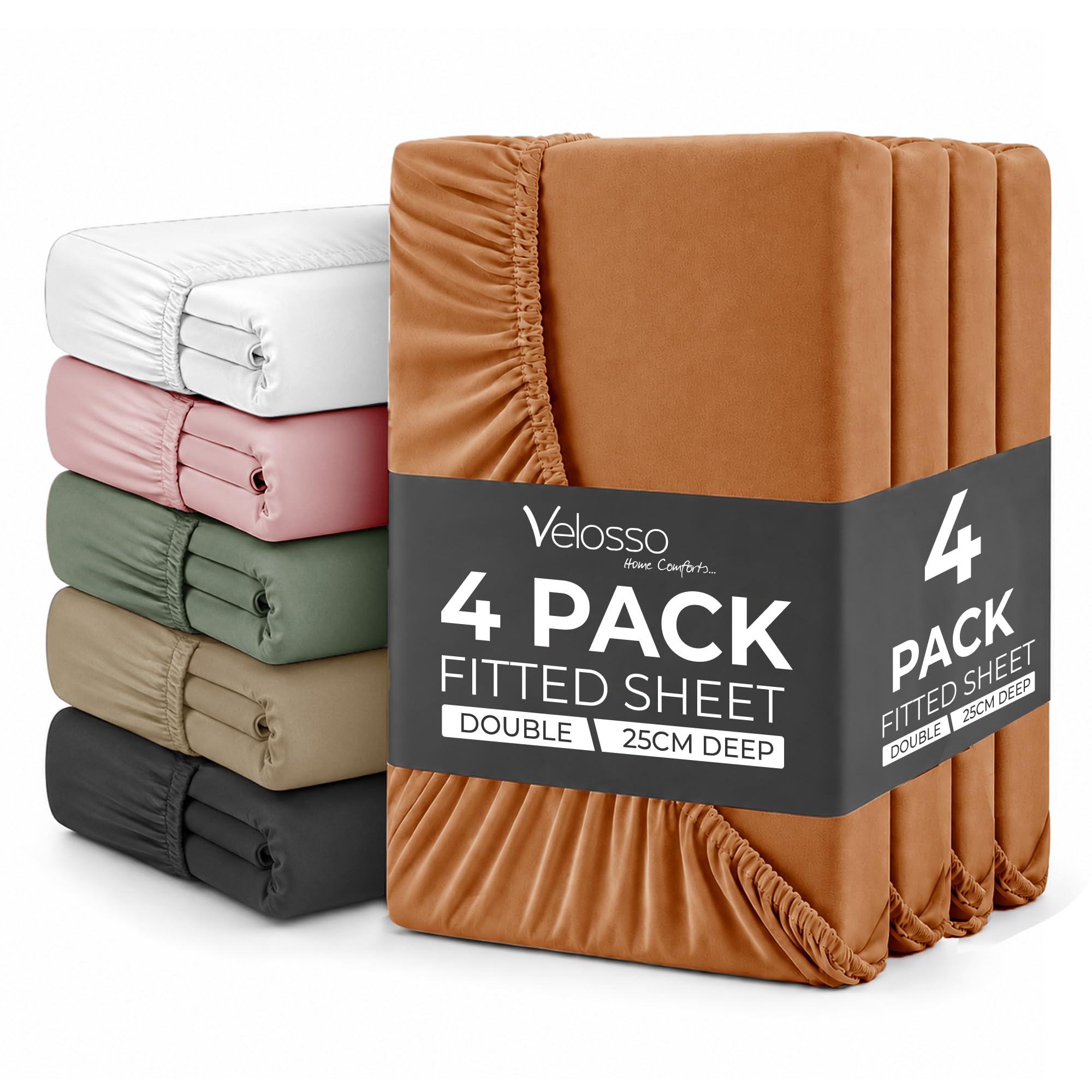 Plain Dye Fitted Sheet 25cms Pocket Soft Brushed Microfibre Fabric Mattress Bottom Bed Sheets (Rust Orange, Double 4 Pack)