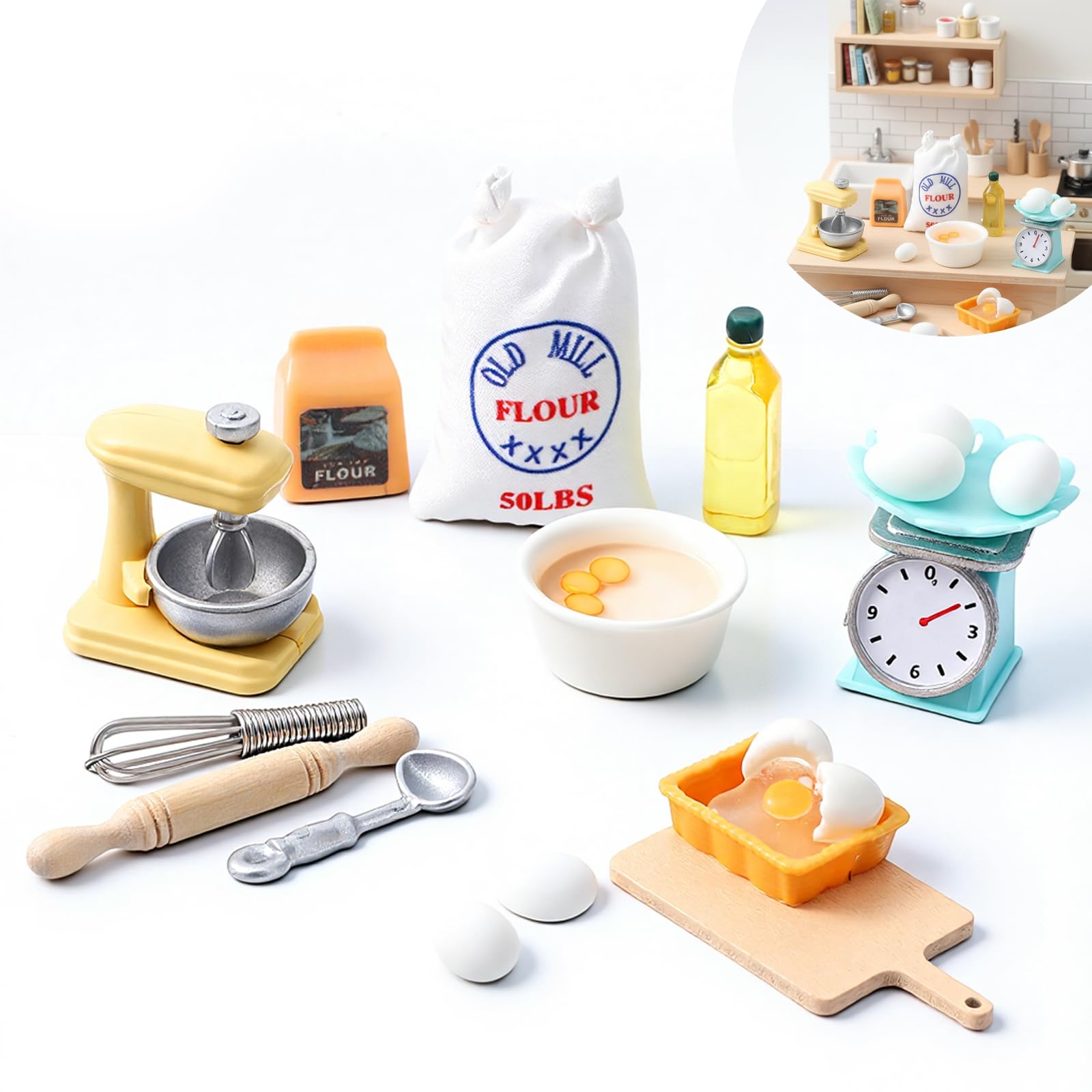 16 Pcs Miniature Kitchen Model Set, Dollhouse Accessories Including Stand Mixer, Kitchen Scale, Flour, Rolling Pin and Others, Realistic Decor For Miniature Houses, Portable Play