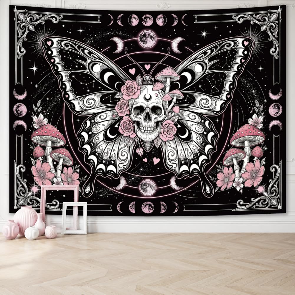 arricraft 1pc Polyester Backdrop Tapestries, Skullhead Butterfly Patterns Photography Background Decorative Tapestry and Wall Hanging Art for Party Porch Home Decor 78.74x59.05 Inches