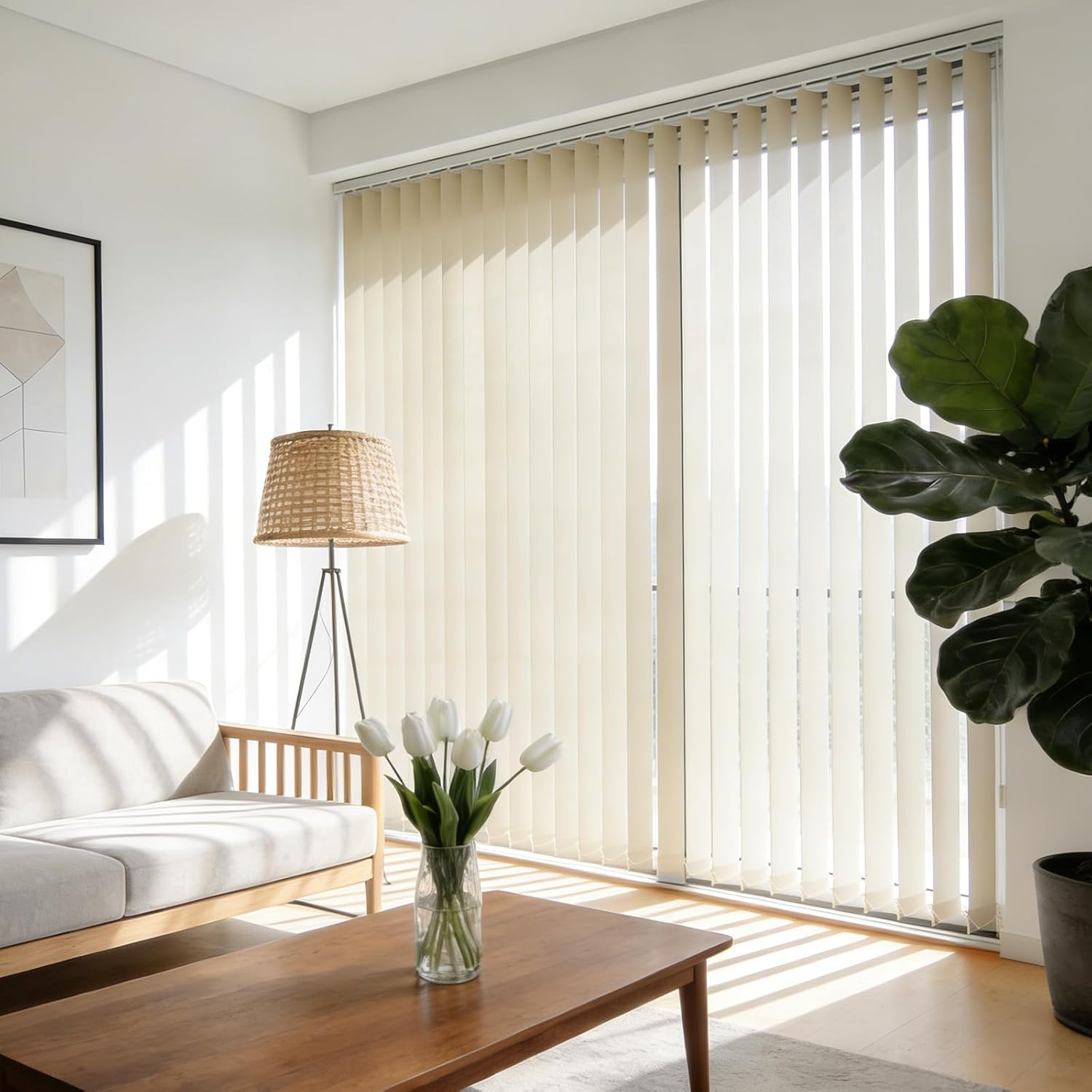 Fabric Vertical Window Blinds, No Drill No Tools Sliding Door Blinds & Shades, Cordless Privacy Window Shades, Vertical Blinds for Doors, Off White