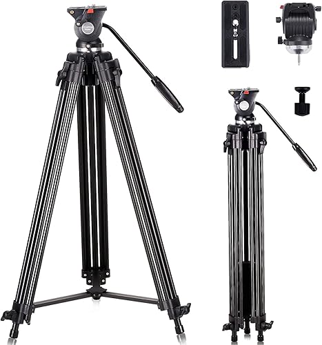 Miniatura 8 de Trípode resistente de 75 pulgadas para cámara, trípode de video profesional con cabezal fluido, trípode ligero para cámara de 17.6 libras, tubo