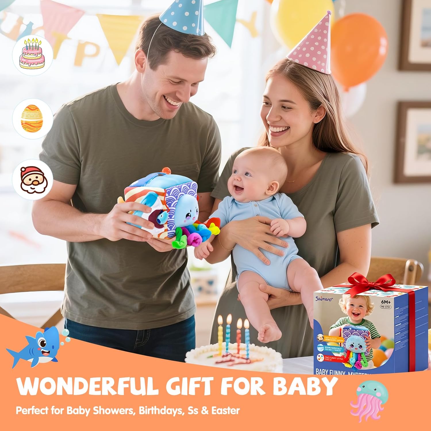 SAIMAND Baby Toys 6-12 Months–Mystery Soft Box with 5 Plush Marine Animals,Rattle,Crinkle Paper & Mirror–Montessori Sensory Toys for 6 Month Old Babies 1-3 Year Old Boy Girl Birthday