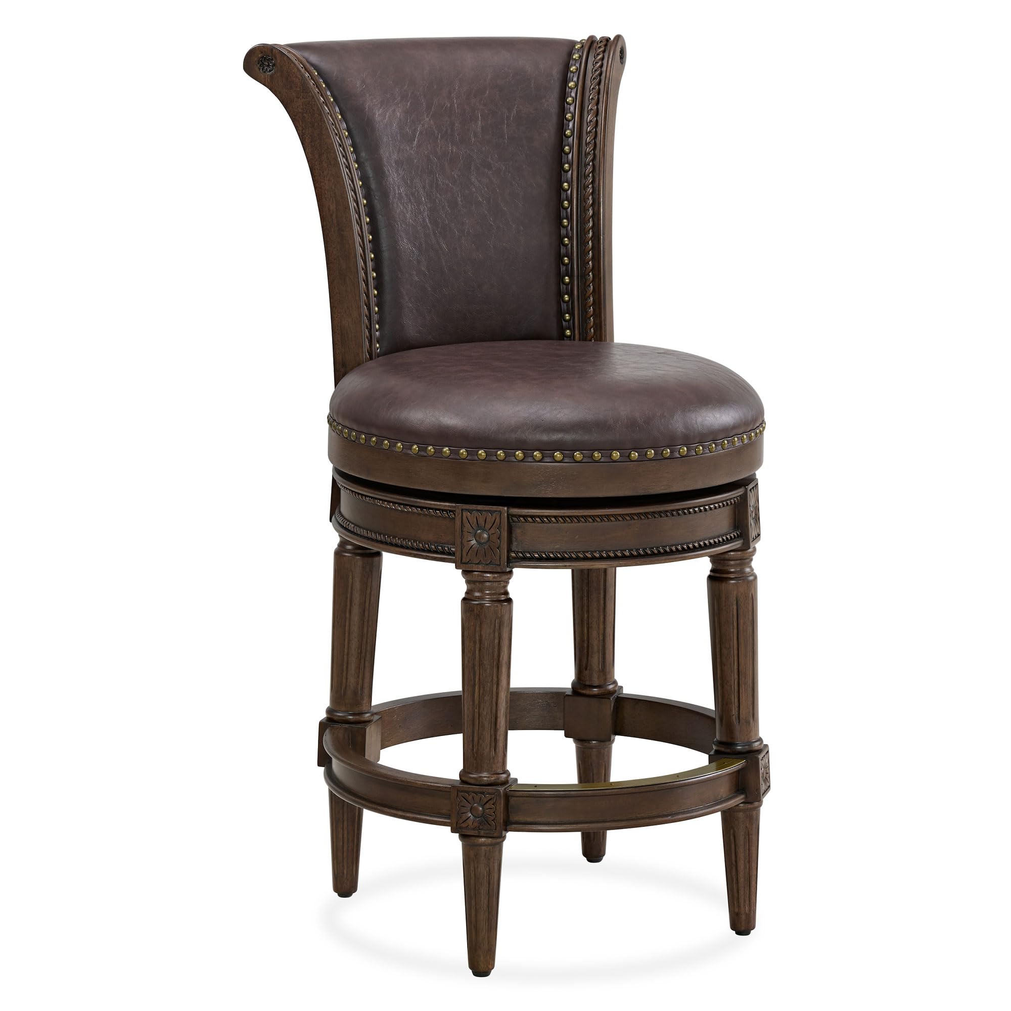 ROME + OAK Runyan 26" Swivel Counter Stool, Rotating High Back Barstool in Dark Walnut Finish with Vintage Brown Vegan Leather Seat