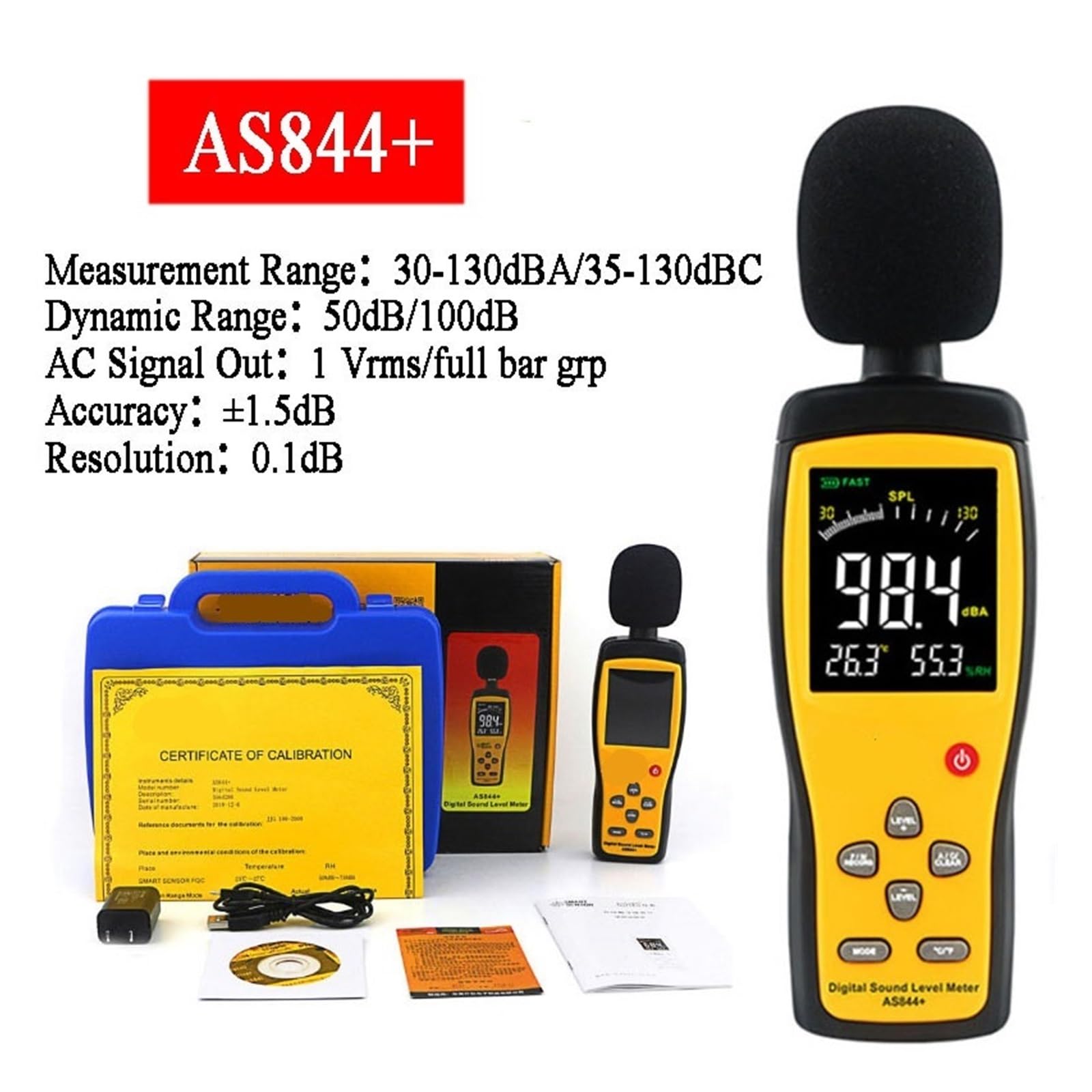 INTELIGENTNY CZUJNIK AS834+ AS844+ Cyfrowy miernik poziomu dźwięku LCD Noisemeter 30-130dB Poziom hałasu Decybel Monitorowanie Tester Instrument(AS844 Plus)