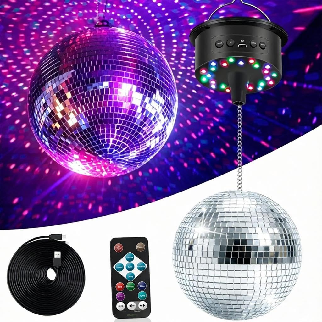 Boule disco avec moteur avec télécommande et lumières, Palujorty 5 tr/min, 9 tr/min, 24 LED, boule disco et lumière pour boules de 10,2 cm, 15,2 cm, 20,3 cm, 30,5 cm pour fête (USB/batterie)