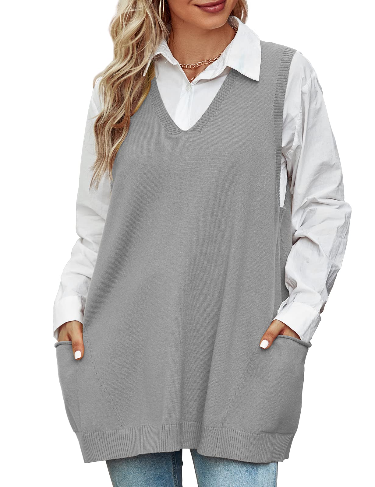 Niwicee Maglione Gilet Donna Scollo a V Pullover Maglione Senza Maniche,Autunnale Invernale Maglioni Oversize Tinta Unita mit Taschino,Cotone Top Smanicato Gilet in Maglia Elegante