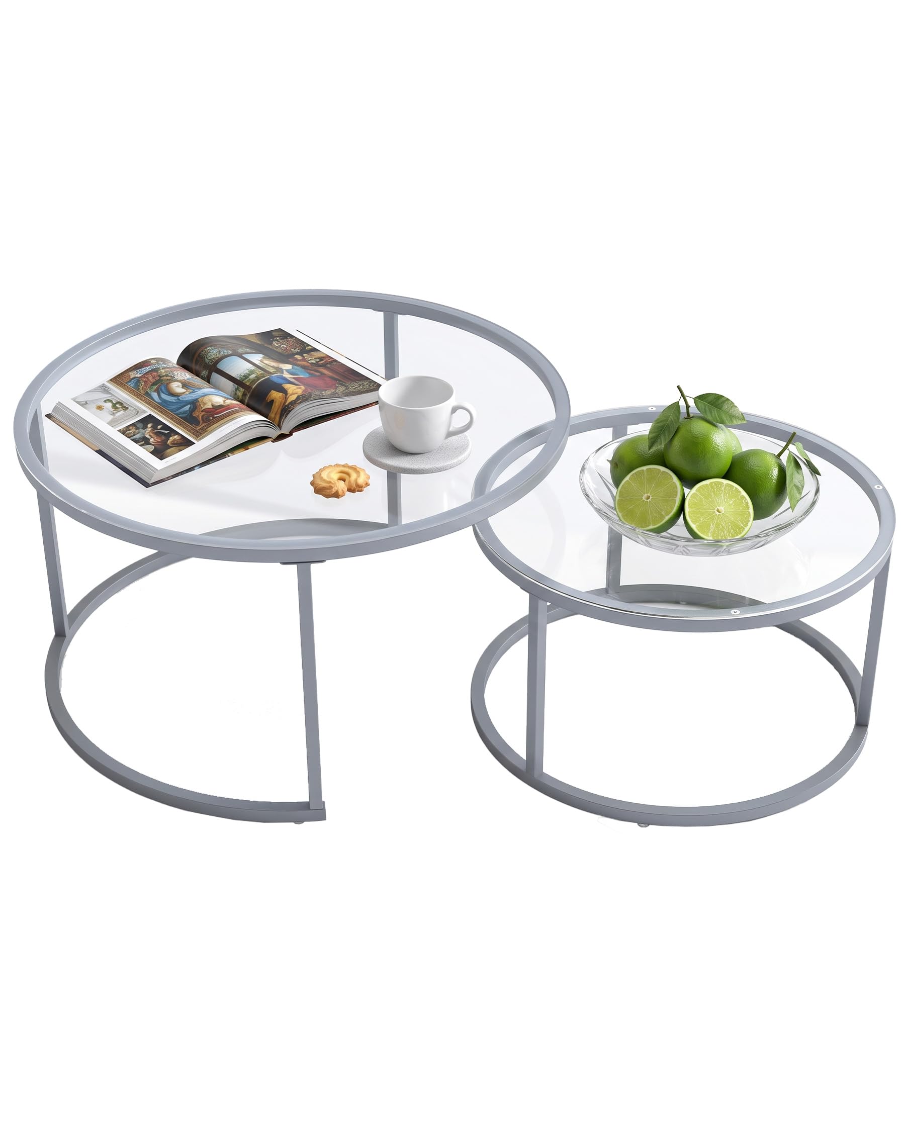 Juego de 2 Mesa Centro Salon Moderna con Cristal Transparente y Estructura Plateada Mesa de Centro Redonda Mesas Auxiliares Salón para Sofá, Interior y Exterior, 80+60cm