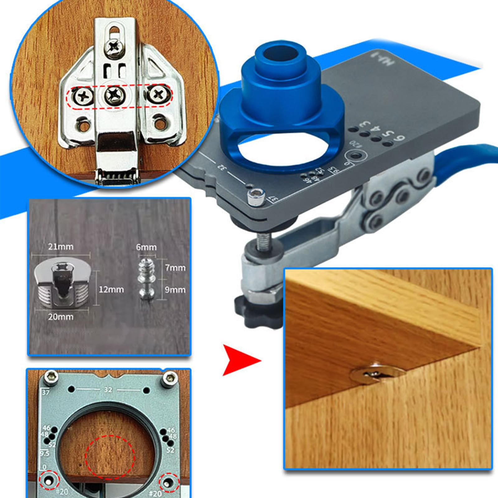 Zawias szafki Jig Clamp Akcesoria Zawias Wiertło Jig do drzwi Szafy Zawiasy Montaż Zawiasy Drzwi Narzędzie Narzędzie do obróbki drewna Wielofunkcyjne narzędzie do obróbki drewna