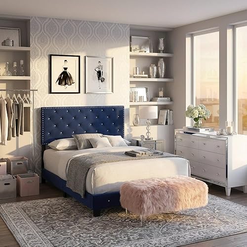 Miniatura 9 de Glory Furniture Suffolk - Cama Queen tapizada de terciopelo, color azul marino