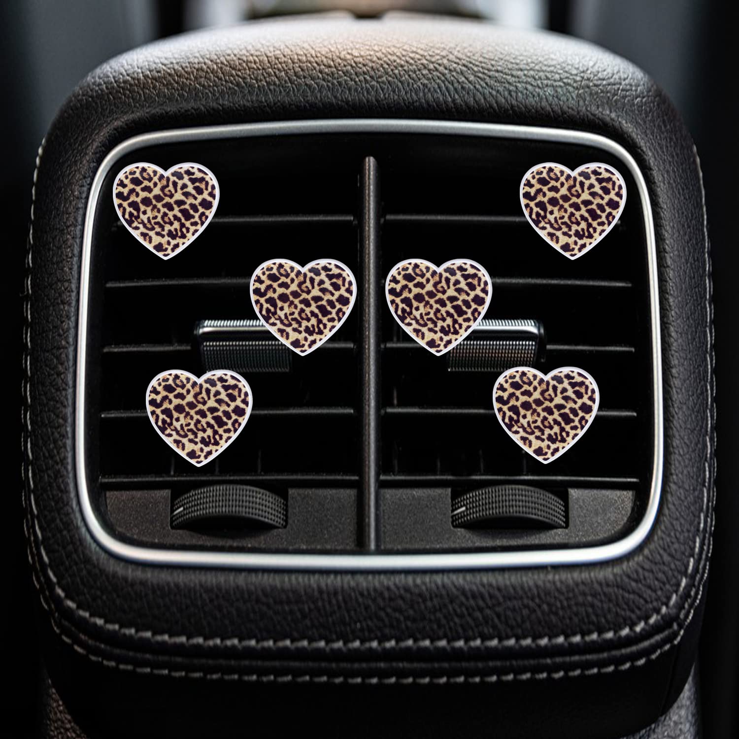 6 Stück Herz-Lüftungs-Clips, Leopardenmuster, Herz-Auto-Lufterfrischer-Clips, langlebig, Auto-Diffusor, Lüftungs-Clip, Auto-Innendekoration, Charm, Auto-Dekoration, niedliches Autozubehör für Frauen