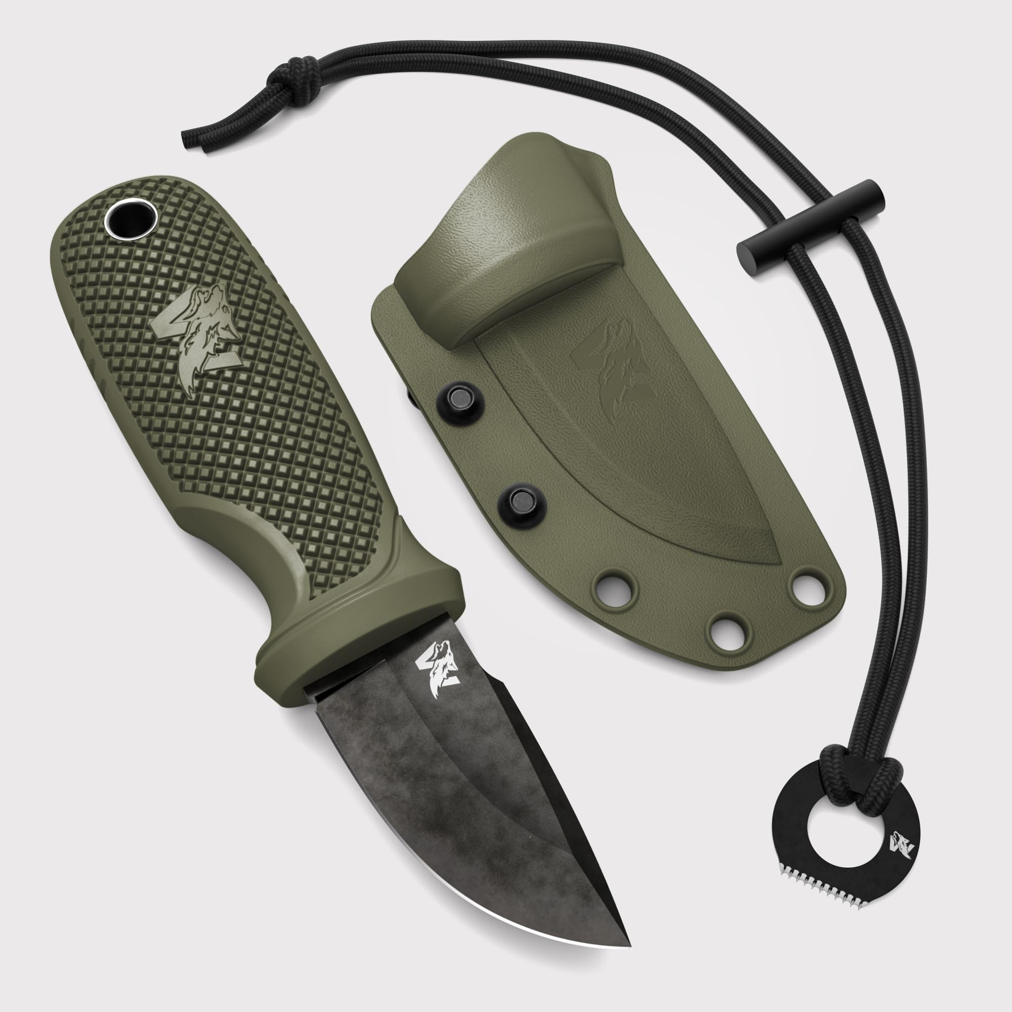 ODENWOLF W-MINI - EDC Neck Knife with Sheath and Necklace - Small EDC Fixed Blade Knife Necklace and Belt Clip - Pocket Fixed Blade Knives - Full Tang Neck Knife with Sheath Tactical and Fire Starter