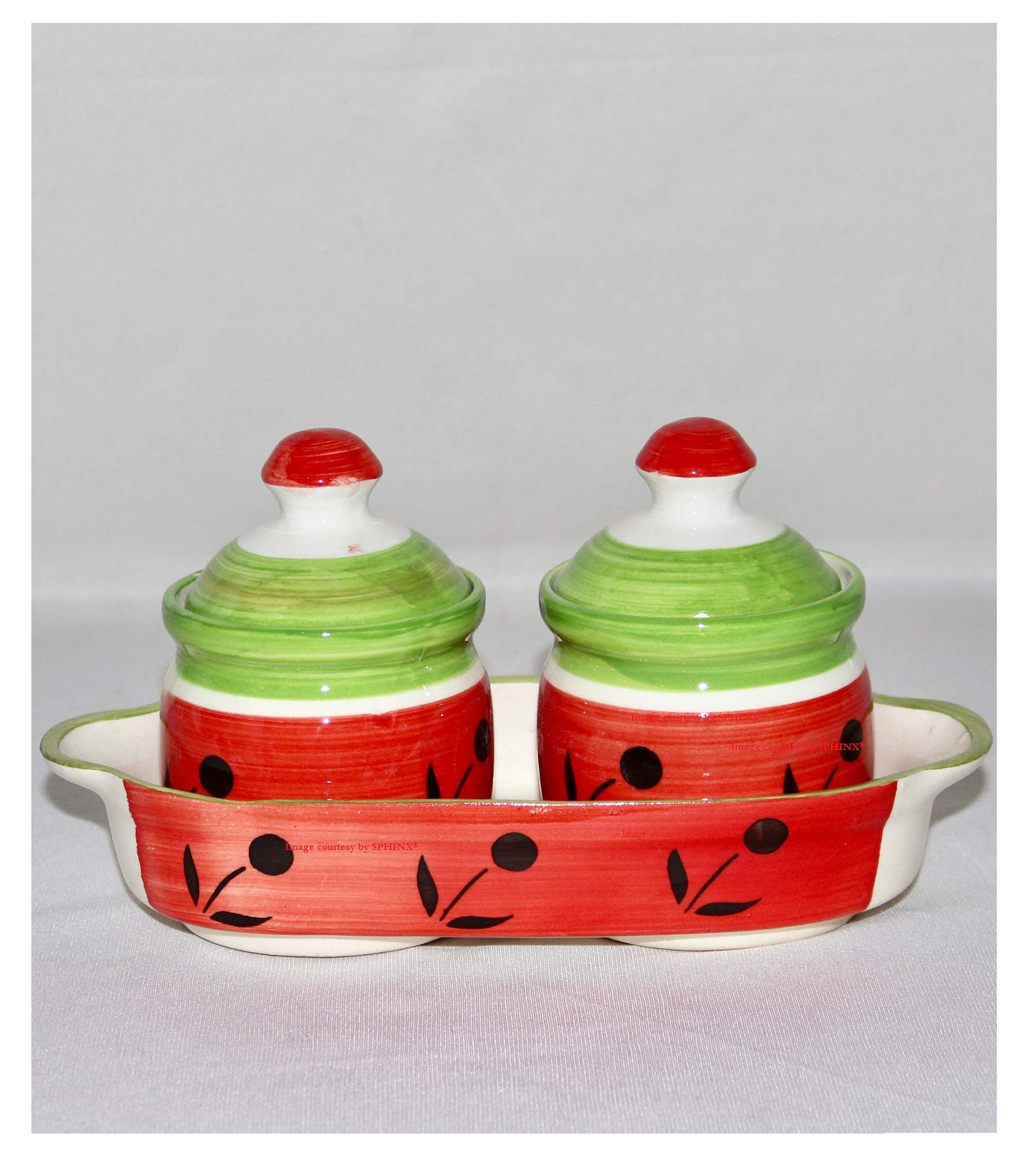 SPHINX Table Top Stoneware Ceramic Pickle Jars/Achaar Martban/Barni set - 2 jars + 1 Tray- Red Polka