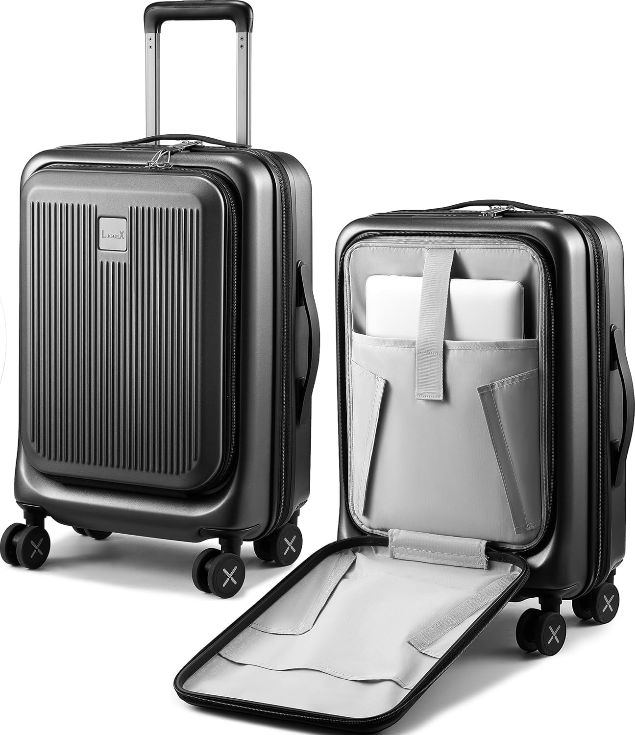 LUGGEX Carry on Luggage 22x14x9 Airline Approved, PC Hard Shell Suitcase with Front Pocket, Expandable Luggage with USB Port (Black, 20 Inch, 37L) Charcoal Metallic 20 Inch-EXT