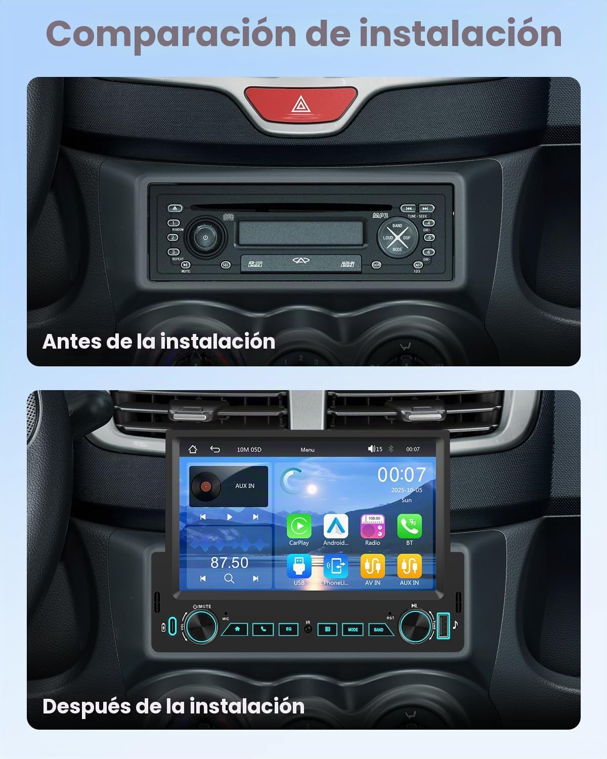 Hikity Autorradio FM Android 1 DIN Compatible con CarPlay inalámbrico y Android Auto, Radio con Pantalla táctil HD de 7 Pulgadas Mirror Link Bluetooth SWC USB cámara y función de Carga
