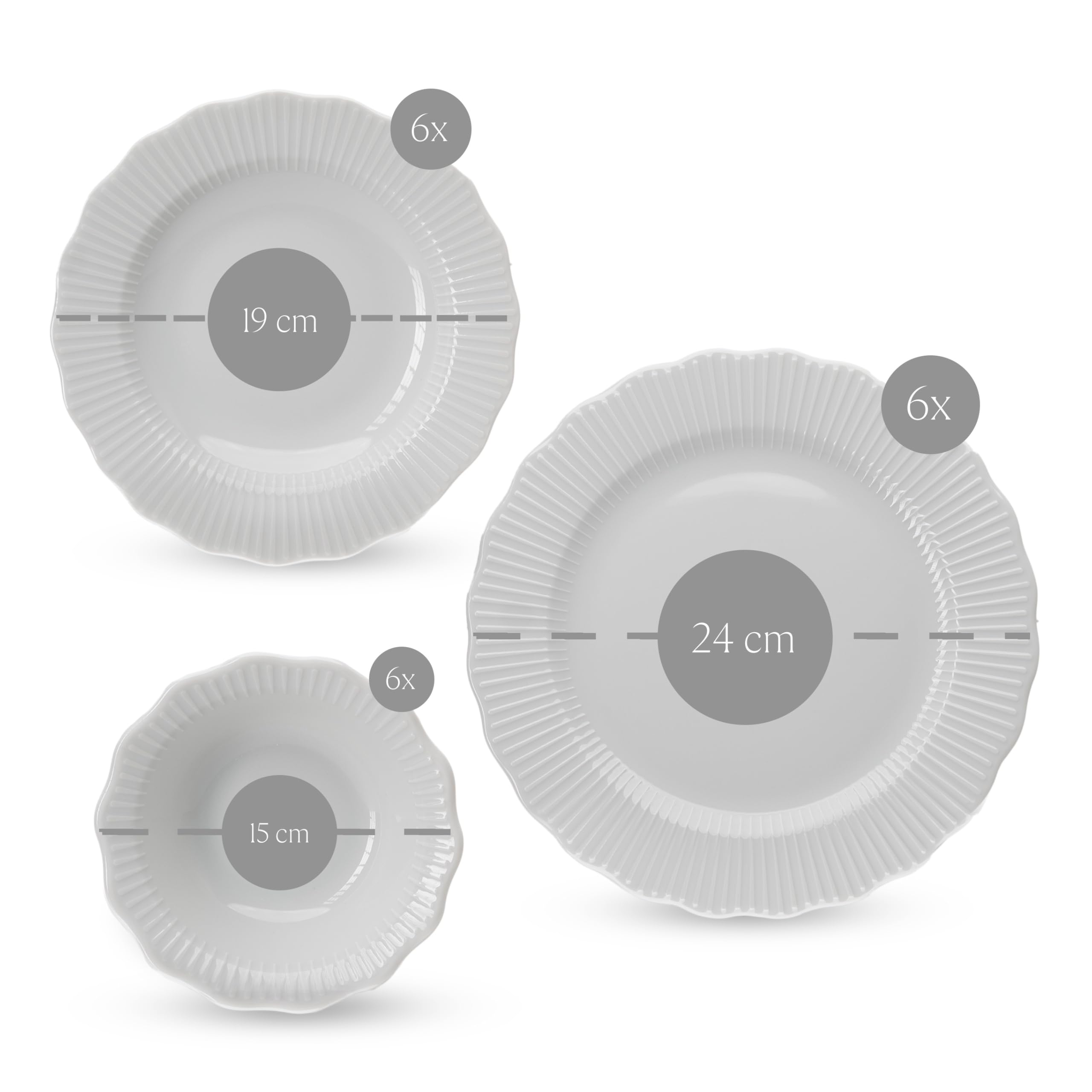 Vajilla de Porcelana blanca Porland Frilly - Vajilla de 18 Piezas Blanca– completa y elegante para 6 personas
