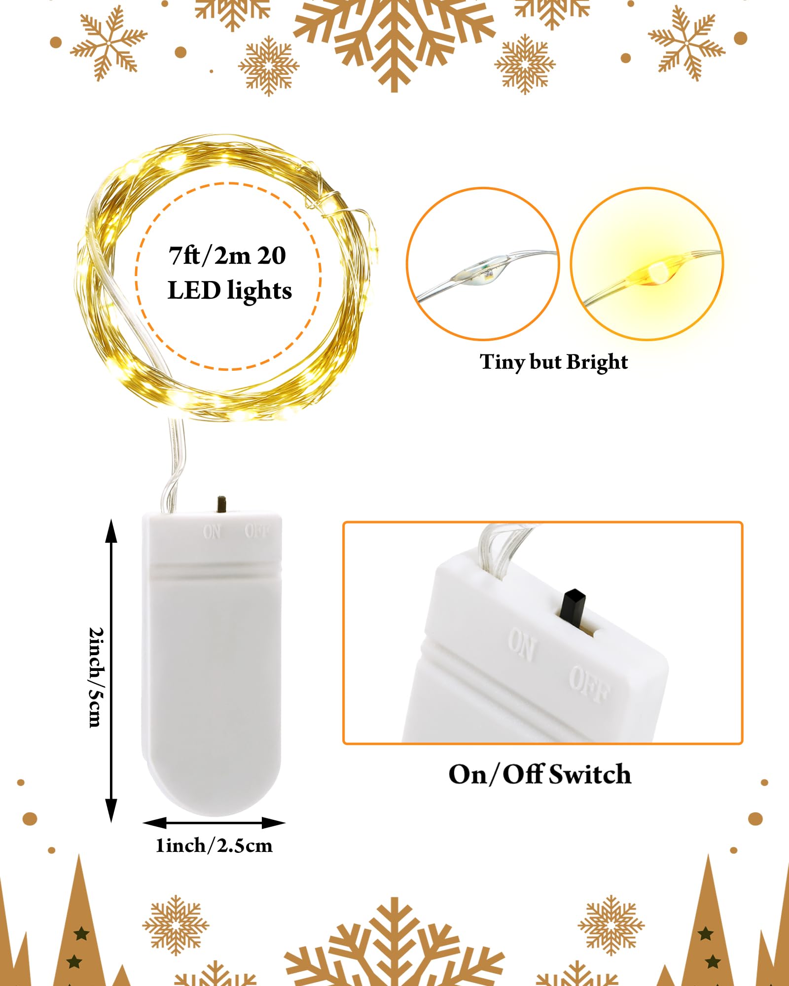 50 piezas de luces de hadas con pilas LED de cadena de luces flexibles y cálidas blancas de hadas de 7 pies, 20 luces LED de hadas impermeables luces LED para decoraciones DIY boda dormitorio fiesta