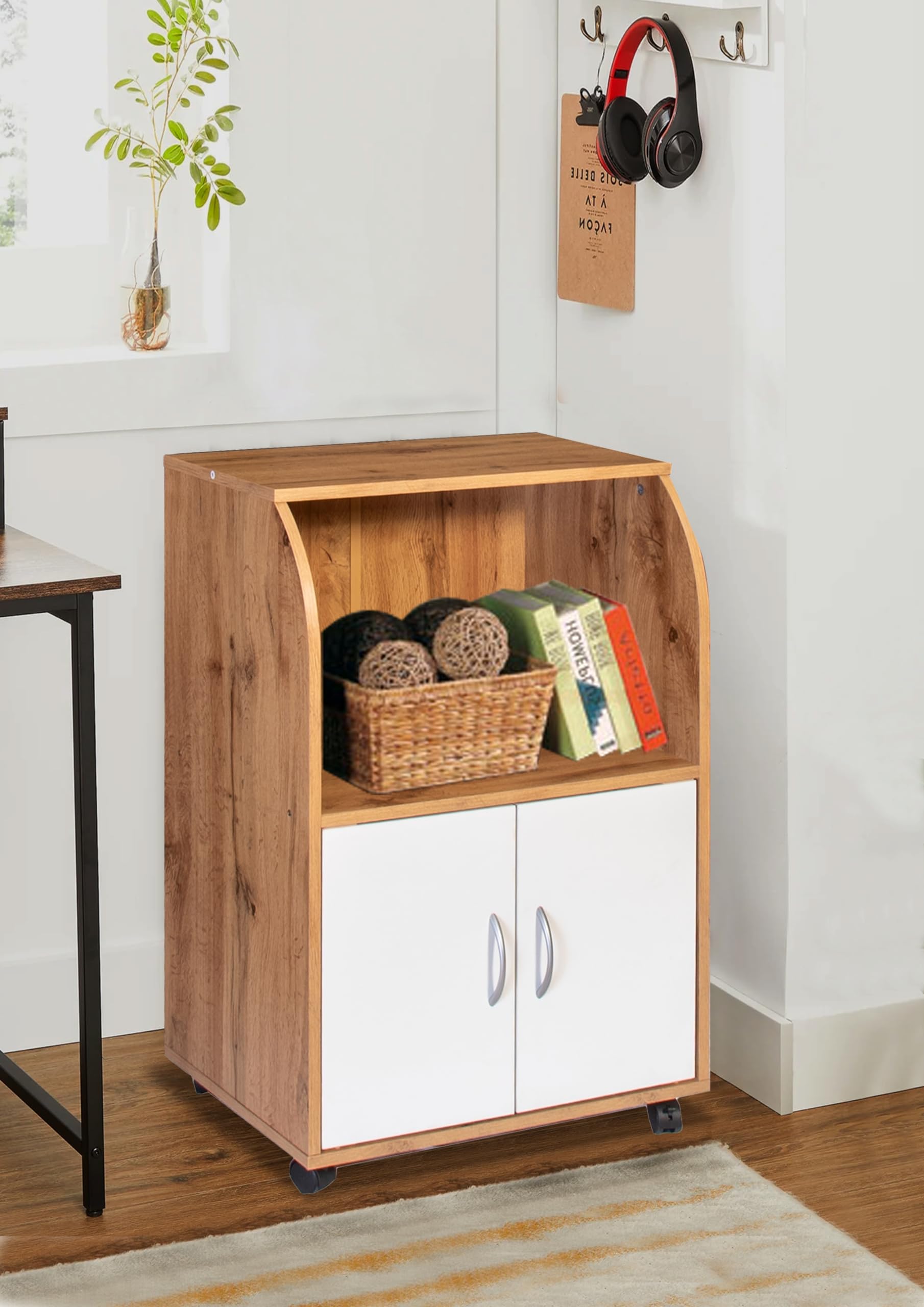 DeckUp Iris Engineered Wood Microwave Cart and Kitchen Cabinet (Wotan Oak & White, Matte Finish)